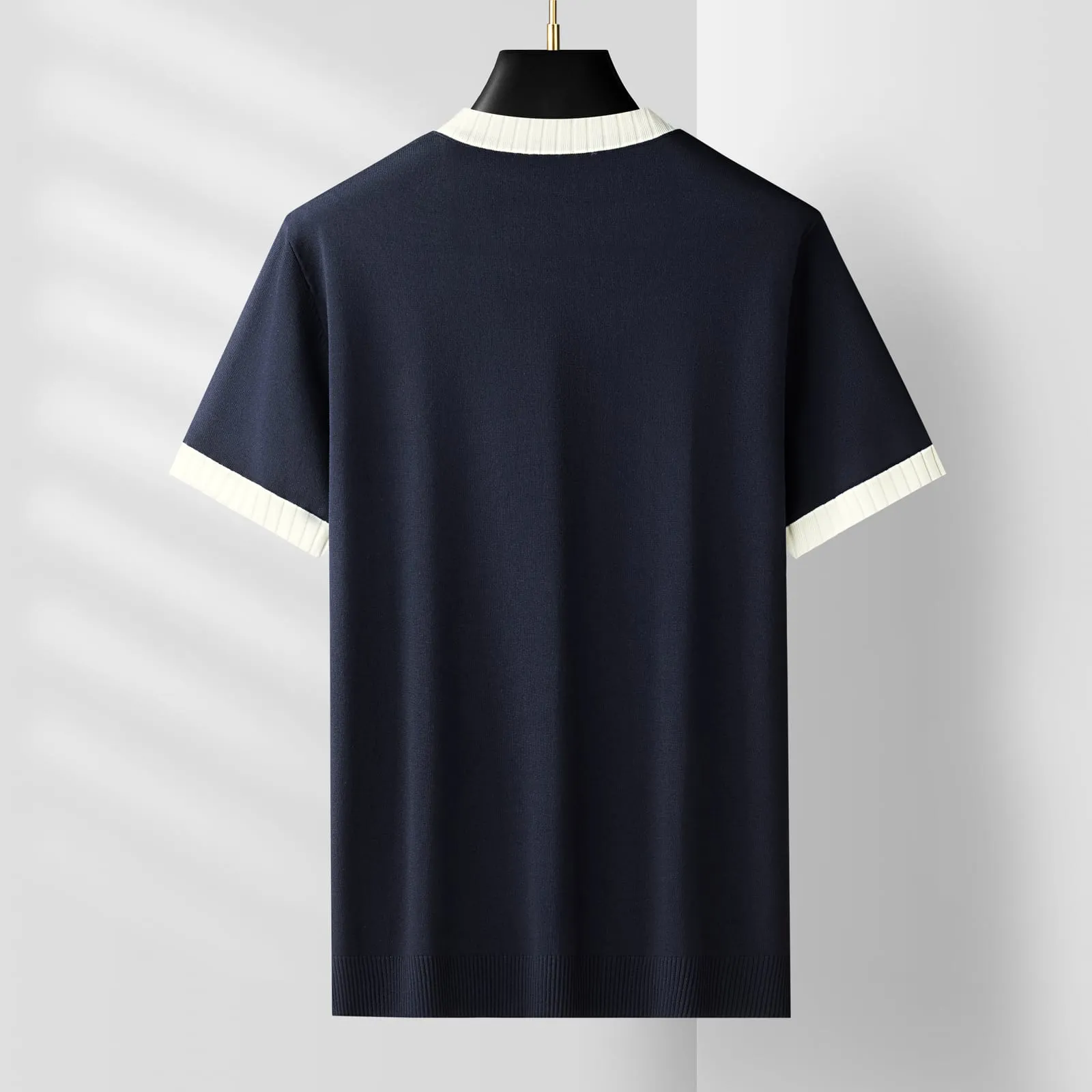 Aran Contrast-Rib Knit Tee — Dark Navy (view 2)